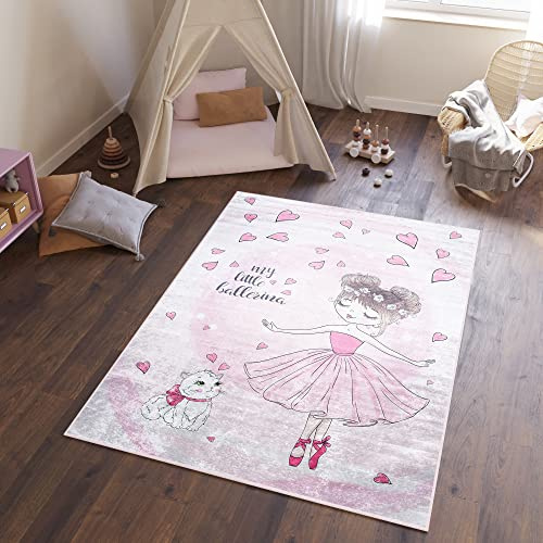 TAPISO Emma Kinderteppich Rosa Ballerina Katze Antirutsch 140 x 200 cm | Waschbar bei 30 Grad bedruckter Kinderteppich Kinderzimmer Jugendzimmer Modern OEKO-TEX