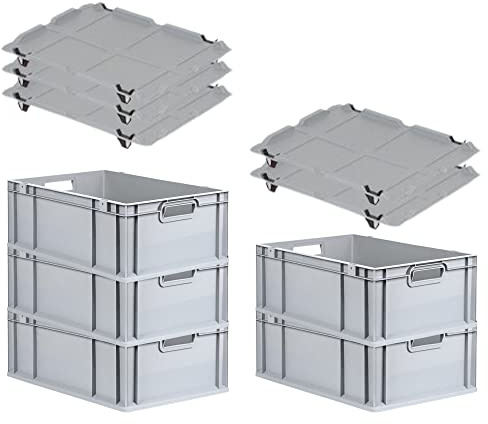 PROREGAL SparSet 5x Eurobox NextGen Grip mit Auflagedeckel & 4 schwarzen Schiebeschnappverschlüssen, HxBxT 22x40x60cm, 44 L, Grau, Griffe offen, Eurobehälter, Transportbox