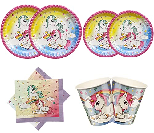 69 Piezas–Vajilla Diseño de Unicornio Desechable para 12 Personas Decoraciones de Fiesta de Cumpleaños para Niñas Incluye Platos,servilletas, Vasos