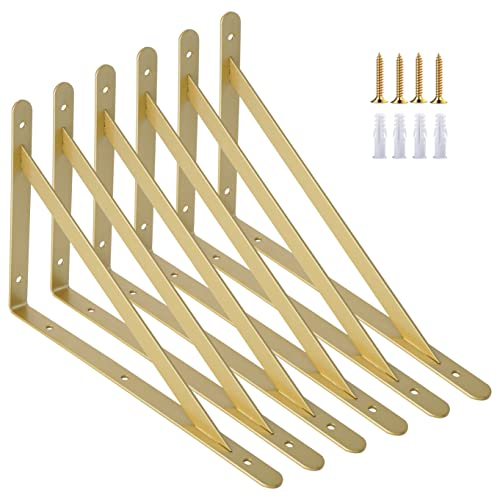 AddGrace Regalhalterungen für Regale, 6 Stück, Wandmontage, Schrauben, inkl. Schwerlast-Dreieck-Regalstützen, dekorative Regalhalterungen (Gold) 15,2 cm