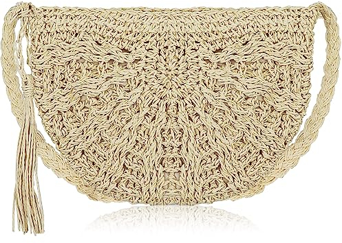 Grantop Women's Straw Clutch Purse, Beach Shoulder Tote Handbag with Adjustable Strap Natural Handmade Woven Straw Shoulder Bag Summer Purse Bag for Evening Party(Off white)