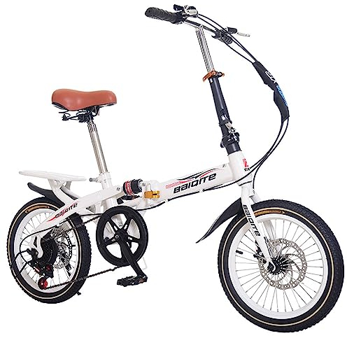 Dxcaicc Klapprad, 14/16/20 Zoll Faltbares Fahrrad mit 7-Gang-Kettenschaltung – leichtes Faltrad Cityrad für Damen und Herren,Weiß,16inches