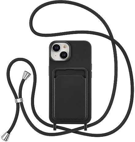 ZTOFERA Crossbody Lanyard Case for iPhone 13 / iPhone 14 with Card Holder, Soft Liquid Silicone Phone Case with Strap Adjustable Neck Cord Necklace Shockproof Protective Cover - Black