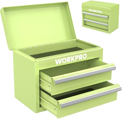 WORKPRO Mini-Werkzeugkasten Metall mit 2 Schubladen&oberem Fach Metall- Werkzeugbox mit PVC-Futter&PP-Fußpolstern Werkzeugkiste für Werkstätten Büros und Schminktischen 27,5x15x20,8cm-Macaron Grün