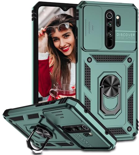 POUHYE Handyhülle für Xiaomi Redmi Note 8 Pro Hülle, [Slide Camera] Hybrid Militärqualität Stoßfest Bumper Outdoor Handyhülle mit 360° Drehbarer Metall Ring Ständer Schutzhülle Case Dunkelgrün