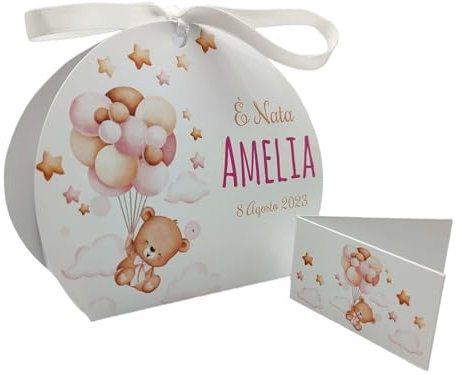 PV Grafik® 24+24 Scatoline Portaconfetti Nascita Bimba Personalizzate – Bomboniere con Orsetto e Palloncini Rosa – Bigliettini Coordinati e Nastrino Incluso (Tunna40)