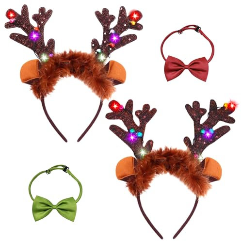 Lot de 2 Serre Tete Renne, Bandeau de Renne de Noël avec 2 Rubans de Noeud, Serre Tete Noel Renne, Cerf Tete Noel Enfant Adultes, Serre Tete Noel Lumineux pour Décoration de Fête