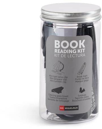 Miquelrius - Kit de lectura, Incluye mini luz con pinza para colocar en libro, Gamuza, Tapones y Punto de libro, Presentado en un estuche transparente de Ø60 x 115 mm
