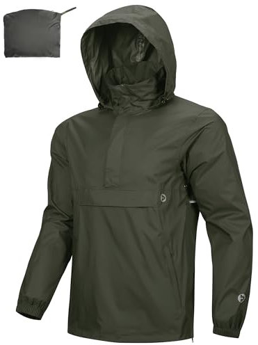 Outdoor Ventures Veste de pluie pour homme - Veste imperméable légère à capuche coupe-vent - Veste d'extérieur pliable et respirante pour voyage, camping, course à pied, randonnée, vert militaire,