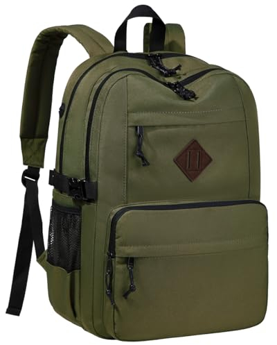 Kasgo Schulrucksack Teenager, Groß Rucksack Schule Mädchen Junge 2 Fächern 15,6 Zoll Laptop Rucksack Leichtgewicht Wasserabweisend Arbeitsrucksack Herren Damen 20L Armeegrün