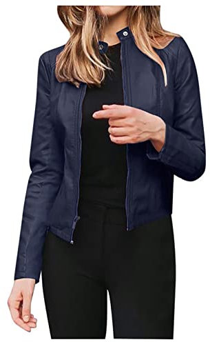 LZPCarra Abrigo de piel para mujer, chaqueta corta para mujer, elegante, retro, de piel sintética, cuello alto, chaqueta de protección contra la intemperie, chaqueta de cuero, chaqueta de motorista,