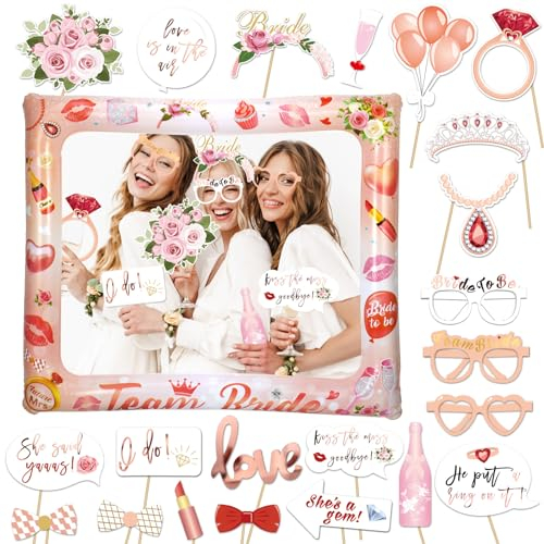 HOWAF 23pcs Kit EVJF Accessoire Photobooth avec Or Rose Team Bride Cadre Photo Gonflable Grand Cadre Photobooth Mariage pour EVJF Décoration Enterrement Vie Jeune Fille Accessoires