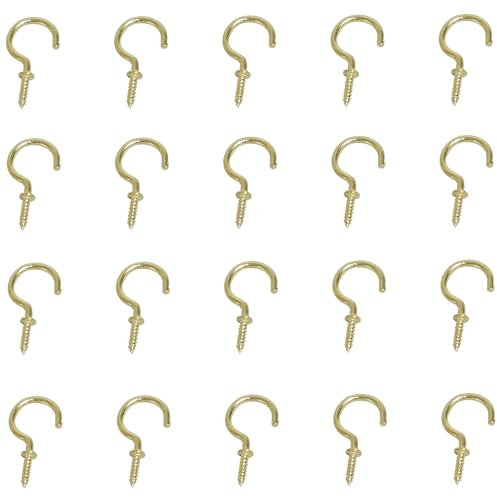 Aoktorkit 20Pcs Screw Hooks 1-1/2 Inch Ceiling Hooks Carbon Steel Cup Hooks Brass Plated Screw in Hooks for Hanging Plants Cups Arts Decorations, Gold