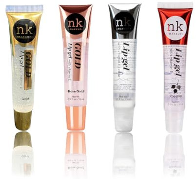 NK lip gloss gel 15ml Vitamin E, Shiny, Nourishes, Gold, Rose Gold, Clear and Rosehip flavoured by Nicka K (Multi Pack Of 4).