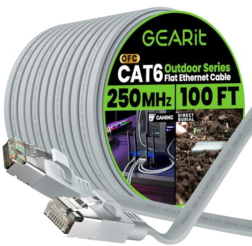 GEARit Cat 6 Outdoor Flat Ethernet Cable (100ft, Gray) Direct Burial Rated LLDPE Jacket - Indoor Cat6 Shielded FTP 10Gbps High Speed Gaming Computer Network RJ45 Snagless Patch Cord Internet