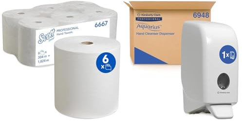 Scott gerollte Papierhandtücher 6667 - Rollenhandtuch für Spender & Aquarius Seifen-Spender 6948 – 1 x wandmontierter Seifenspender, weiß (Nachfüllmenge 1 Liter)