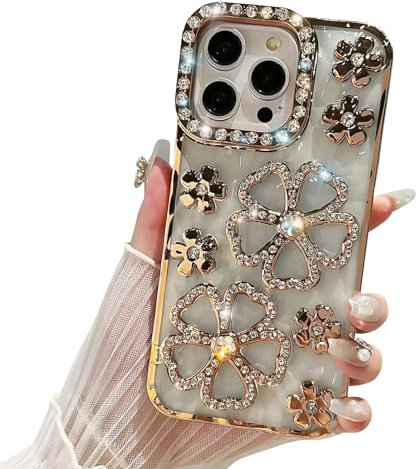 Compatible with iPhone 13 Pro Max Flower Case,Cute Glitter Bling 3D Diamond Flower with Luxury Rhinestone Floral Women Girls and Sparkly Shiny Slim Shockproof Case for iPhone 13 Pro Max -Golden