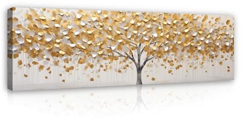 Bilder Abstrakt Baum Gold 145x45 cm - Modern Panorama Leinwandbild Groß XXL für Wohnzimmer Schlafzimmer Wandbild Kunstdruck Wandbilder Canvas Wand Bild auf Leinwand Aufhängefertig