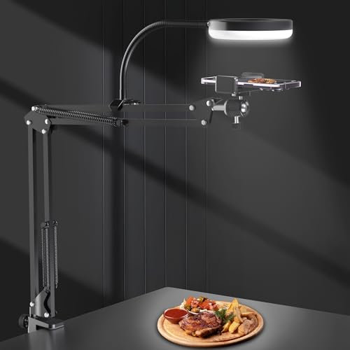 Overhead Phone Stand Recording with Selfie Ring Light, Desk Overhead Tripod Mount for Camera and Phone, Camera Arm Compatible with iPhone Sony A6000 YouTube Tiktok Video Cooking Photography
