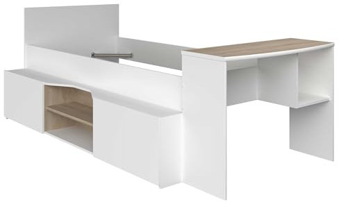 Faizee Möbel Parisot Cleo 1 halbhohes Hochbett Trittstufen Ablageflächen Fächer Schreibtisch Stauraum Kinderzimmer Jugendzimmer Junge Mädchen Weiss Eiche