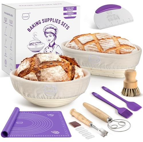 MIAOKE Kit de Suministros para Hornear Pan Masa Madre: Batidor Masa, Cuchilla para Pan, Cestas de FermentacióN Redondas 10 Pulgadas y Ovaladas 9 Pulgadas, Raspadores Masa, Cepillo Hornear