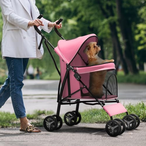 Haustier-Kinderwagen für kleine Hunde und Katzen, 4,5-10 kg, Rosa, Stauraum hinten