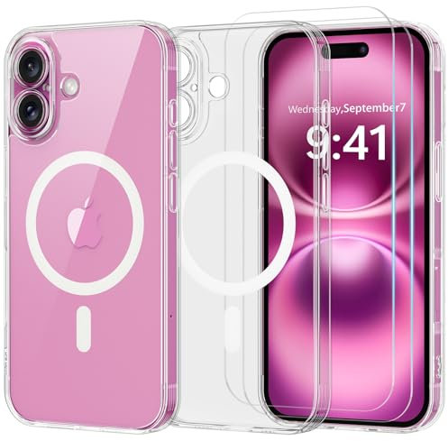 Yohii 3 in 1 Magnetica Cover per iPhone 16 con 2 Pezzi Vetro Temperato [Protezione Fotocamera] Compatibile con MagSafe, Custodia Antiurto di Livello Militare, Trasparente