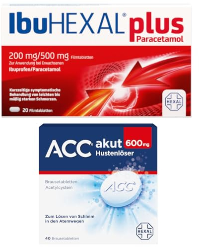 IbuHexal plus Paracetamol und ACC akut 600mg Hustenlöser Brausetabletten Sparset/Erkältungsset für die Hausapotheke bei Schmerzen und zum Lösen von Schleim in den Atemwegen