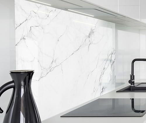 timalo Spritzschutz Wand für Herd, Küche Küchenrückwand Glasoptik | Acryl Glas 2mm | Glasrückwand Acrylglas Wandpaneele Rückwandschutz Platte | 100x50cm Weißer Marmor
