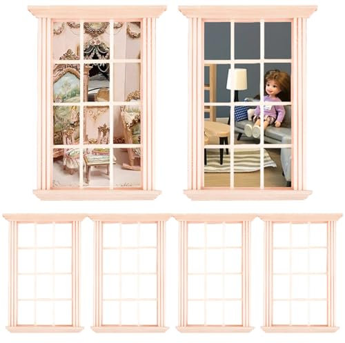 Dollhouse Fenster 6PCS 1:12 Hölzer unbemalte Puppenhausmöbel DIY Friendly Realistic Dollhouse Miniatures Dollhouse Accessoires