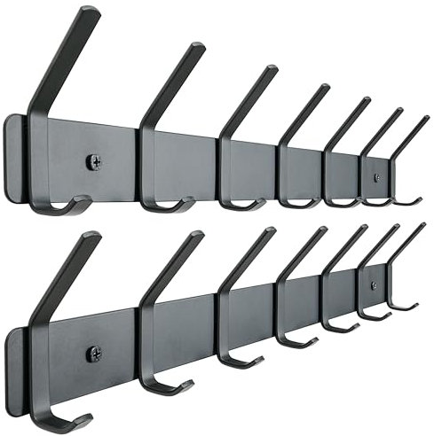 HONSKY Coat Rack Wall Mounted, Towel Rack, Metal Wall Coat Hanger with 7 Double Hooks (14 Hooks), for Hanging Coat, Hat, Bag, Umbrella, in Hallway Entryway, Black(2 Pack)