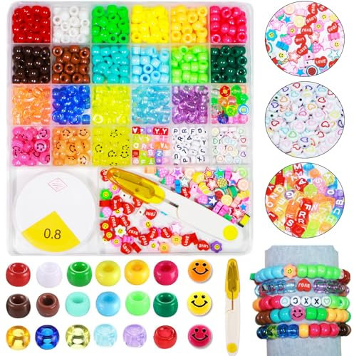 BLAESIFF 900 Stück Pony Perlen Set,18 Farben Buchstabenperlen mit Großem Loch und Zubehörteile für Schmuck, Perlen für Armbänder Bastelset, Armbänder, Ketten