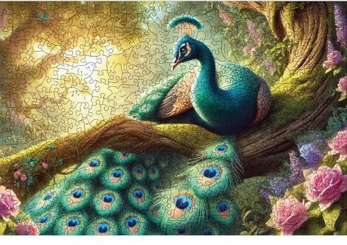 HCM Kinzel Holzpuzzle – Tiere, detailreiches Design, hochwertiges Holz, leuchtende Farben, langlebige Premium-Qualität (Mystischer Pfau)
