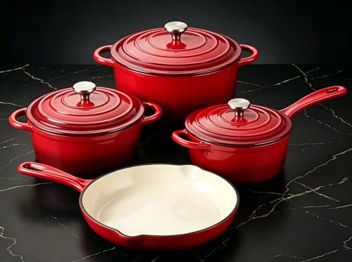 QuliMetal Nonstick emaljerat gjutjärnsköksredskap, 7 st krukor och stekpannor med lock, stekpanna stekpanna, såspanna, hälsosam rund holländsk ugnspanna för surdegsbröd bakning på alla spishällar