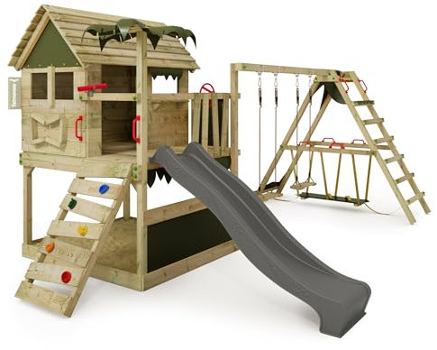 FATMOOSE Spielturm Klettergerüst TikaTaka Town XXL mit SurfSwing, Schaukel & anthraziter Rutsche, Outdoor Kinder Kletterturm mit Sandkasten Leiter & Spiel-Zubehör für den Garten
