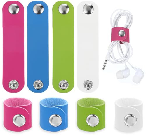 Oruola Lot de 8 organiseurs de cordons en cuir, enrouleurs de cordons portables, réutilisables pour téléphone portable, cordons de chargeur USB, écouteurs enveloppants, 4 couleurs