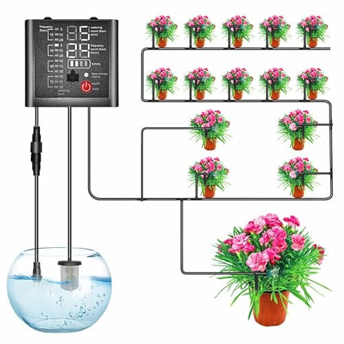 Sistema de riego automático, riego por goteo con temporizador con 15 boquillas, cantidad ajustable de agua, dispositivo de auto-riego, manguera de 15 m para jardín, plantas en macetas, césped
