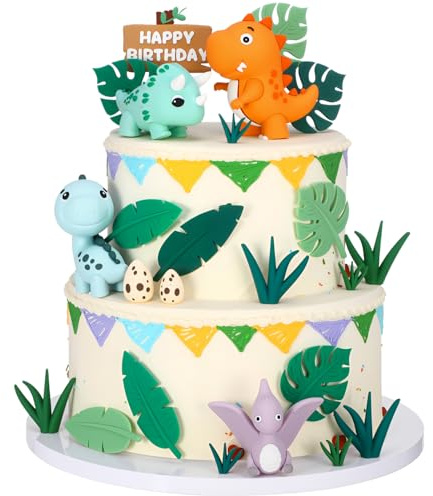 27PCS Dinosaur Cake Toppers With Eggs Happy Birthday Sign Leaves Grass, Soft Rubber Realistic Dinosaur Cake Decorations For kids Birthday, Party, Baby Shower