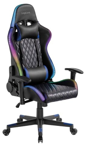 Logilink EO0076 - Gaming-Stuhl mit Kopf- und Lendenwirbelstütze, RGB-Beleuchtung, Tragkraft bis 150 kg, Farbe: Schwarz