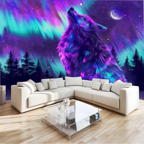 Photo Wallpaper Animal Wolf Moon Neon 250 x 175 cm, Non-Woven Purple Wall Mural Art XXL Moderne for Living Room Bedroom Decoration, Poster Wall Covering