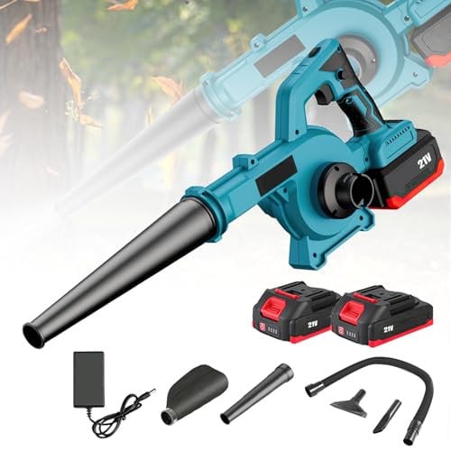 Soffiatore a batteria per Makita 18 V, soffiatore elettrico a mano, flusso d'aria 6 m³/min, soffiatore elettrico 2 in 1, adatto per giardino, terrazza, auto, pulizia degli angoli (2 batterie)