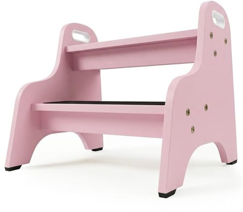 Tritthocker Kinder aus Holz – extra stabil & rutschfest, Anti-Rutsch Stufen, sichere Rundkanten, Fester Halt – ideal für Bad, Toilette & Küche (pastellrosa)
