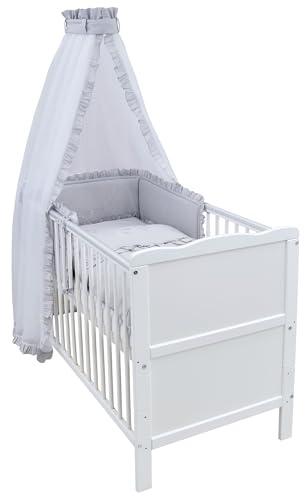 Generisch Baby Delux Babybett Komplett Set 9-TLG Kinderbett umbaubar zum Juniorbett 70x140 Matratze Jack Bettset Chiffonhimmel (Royal Grau Rüsche)