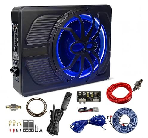 Lumirio 800W Car Subwoofer, 10” Slim Underseat Subwoofer, Active Powered Stereo Audio Car Subwoofer with Built-in Amplifier, Blue LED Ambient Light
