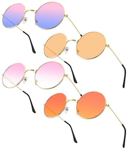 SREBIWO 4 Pack Rund Sonnenbrille, Runde Hippie Brille Hippie Gläser Retro Party Sonnenbrille Kostümzubehör für 60er 70er 80er 90er Foto Requisiten Geburtstagsfeier Strand Party (Rund)
