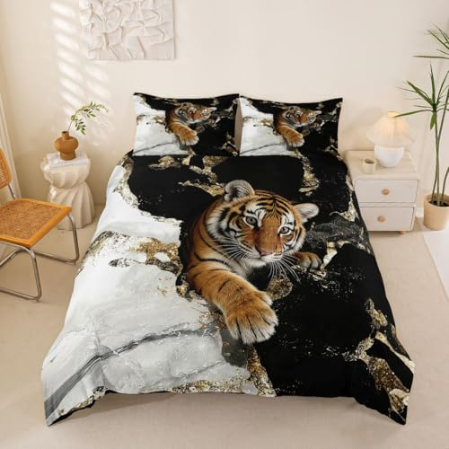 richhome Tiger Bettwäsche Set 135x200cm Schwarz Gold Marmor Bettbezug Set 3D Wildtier und Marmor Bettwäsche-Set Tiger Print Bettbezug mit 1 Kissenbezug, Reißverschluss
