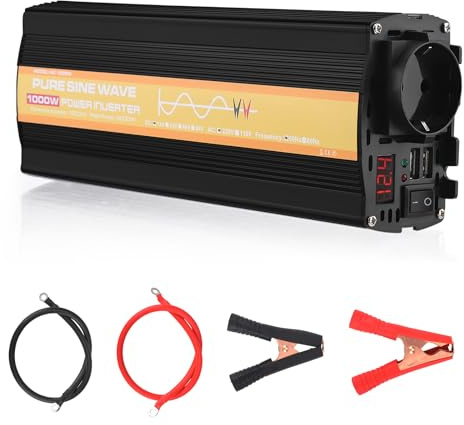 Wechselrichter, 12V auf 230V Spannungswandler mit Reiner Sinuswelle, Umwandler 1000W Dauerleistung / 2000W Spitzenleistung, für Wohnmobile, Caravan Boote und Camping mit 1 AC-Steckdose und 2 USB-Ports