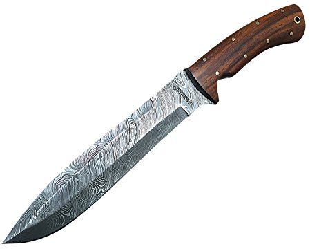 Coltello da caccia, con fodero, in acciaio damascato