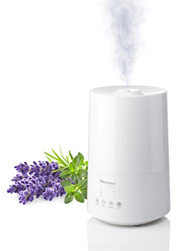 Medisana AH 661 Humidificador ultrasónico, purificador de aire para dormitorio y sala de estar, nebulizador con compartimento de aromas y función de calefacción contra aire seco, 3,5 litros