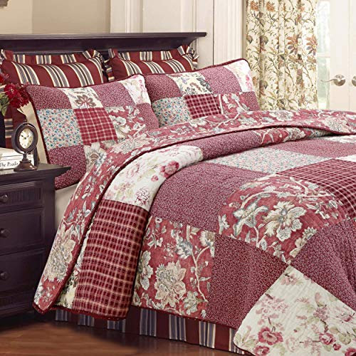 Cozy Line Home Fashions 100% Cotton True Patchwork Reversible Red Rose Plaid Floral Quilt Bedding Set, Coverlet Bedspread (Vintage Garden, Queen - 3 Piece)
